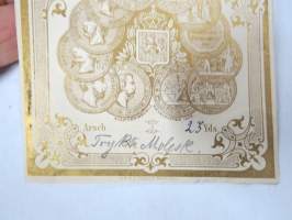 Forssa Aktie-Bolag - För 1870 års Exposition - Guldmedalj Helsingfors 1876, 23 yds Tryckt Molesk. -kangaspakan etiketti