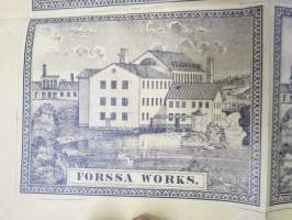 Forssa Works (Forssa Aktiebolag, Axel Wahren), 4 etiketin leikkaamaton arkinosa, erittäin harvinainen, ajoitus 1850-luku? -kangaspakan etiketti, englanninkielinen