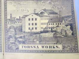 Forssa Works (Forssa Aktiebolag, Axel Wahren), 4 etiketin leikkaamaton arkinosa, erittäin harvinainen, ajoitus 1850-luku? -kangaspakan etiketti, englanninkielinen