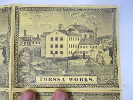 Forssa Works (Forssa Aktiebolag, Axel Wahren), 4 etiketin leikkaamaton arkinosa, erittäin harvinainen, ajoitus 1850-luku? -kangaspakan etiketti, englanninkielinen