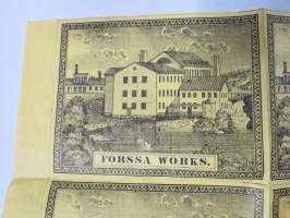 Forssa Works (Forssa Aktiebolag, Axel Wahren), 4 etiketin leikkaamaton arkinosa, erittäin harvinainen, ajoitus 1850-luku? -kangaspakan etiketti, englanninkielinen