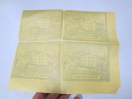 Forssa Works (Forssa Aktiebolag, Axel Wahren), 4 etiketin leikkaamaton arkinosa, erittäin harvinainen, ajoitus 1850-luku? -kangaspakan etiketti, englanninkielinen