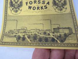 Forssa Works (Forssa Aktiebolag, Axel Wahren), 1880-luku -kangaspakan etiketti, englanninkielinen