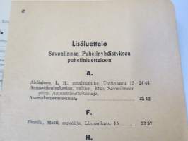 Savonlinnan ja ympäristön puhelinluettelo 1944, sisältää myös erillisen lisäluettelon