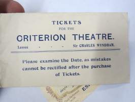 Tickets for the Criterion Theatre - Lessee Sir Charles Wyndham, kuori teatterilipuille, sisältää 2 kpl vuoden 1912/13 kalenteria, jossa sama &quot;Esperis&quot; tuoksu kuin...