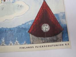 Adventtikalenteri / Joulukalenteri - Suomen Partiotyttöjärjestö - Finlands Flickscoutunion, piirtänyt Ulla von Wendt 1957