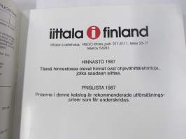 Iittala 1987 -tuoteluettelo, tuotanto mittoineen ja sunnittelijatietoineen, myös taidelasi Aalto ym.