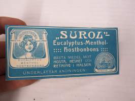 Surol - Eucalyptus-Menthol Hostbonbons (Oscar Durchman Teknokem. Lab. Helsingfors) -etiketti, ruotsinkielinen, 1800-luvulta