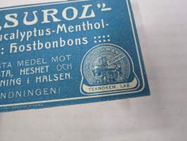 Surol - Eucalyptus-Menthol Hostbonbons (Oscar Durchman Teknokem. Lab. Helsingfors) -etiketti, ruotsinkielinen, 1800-luvulta