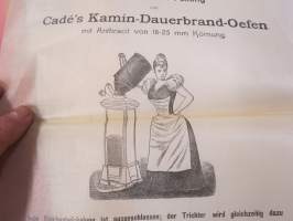 Eimer mit Trichter - Cade´s Kamin-Dauerbrand-Oefen -esite, ohjeita, lista sopivan kokoisen polttoaineen (antrasiitin) myyjistä, saksankielisiä