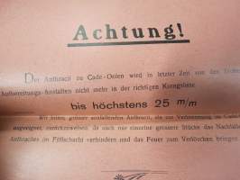 Eimer mit Trichter - Cade´s Kamin-Dauerbrand-Oefen -esite, ohjeita, lista sopivan kokoisen polttoaineen (antrasiitin) myyjistä, saksankielisiä