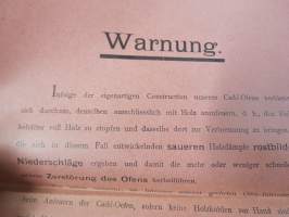 Eimer mit Trichter - Cade´s Kamin-Dauerbrand-Oefen -esite, ohjeita, lista sopivan kokoisen polttoaineen (antrasiitin) myyjistä, saksankielisiä