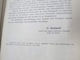 C. Gerhardt Preisverzeichnis über Chemische Apparate und Gerätschaften -kemianalan kojeita ja laitteita, kuvasto, saksankielinen