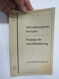 Alko vähittäismyyntihinnasto alkaen 1.12.1937 / Prislista för minutörsäljning