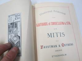 Illustrerad Priskurant öfver Gjutgods af Smidjesjern &amp; Stål s.k. MITIS från Faustman &amp; Östberg (Carlsvik, Stockholm), 1885 -hintaluettelo erilaisille takeille ym.
