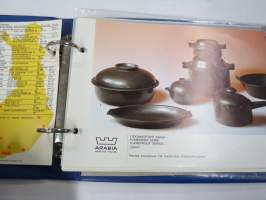 Arabia Wärtsilä -tuoteluettelo mm. emaliset kahvipannut, astiat, käyttö- ja taidelasiesineet suunnittelija, -malli- ja mittatietoineen, 1970-luvun alku