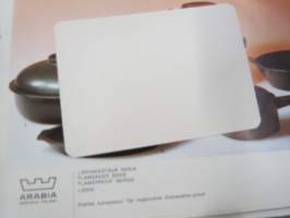 Arabia Wärtsilä -tuoteluettelo mm. emaliset kahvipannut, astiat, käyttö- ja taidelasiesineet suunnittelija, -malli- ja mittatietoineen, 1970-luvun alku