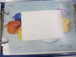 Arabia Wärtsilä -tuoteluettelo mm. emaliset kahvipannut, astiat, käyttö- ja taidelasiesineet suunnittelija, -malli- ja mittatietoineen, 1970-luvun alku