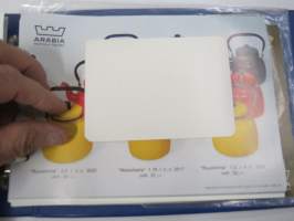 Arabia Wärtsilä -tuoteluettelo mm. emaliset kahvipannut, astiat, käyttö- ja taidelasiesineet suunnittelija, -malli- ja mittatietoineen, 1970-luvun alku