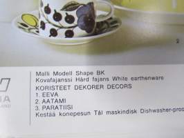 Arabia Wärtsilä -tuoteluettelo mm. emaliset kahvipannut, astiat, käyttö- ja taidelasiesineet suunnittelija, -malli- ja mittatietoineen, 1970-luvun alku