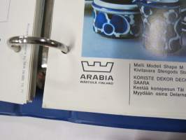 Arabia Wärtsilä -tuoteluettelo mm. emaliset kahvipannut, astiat, käyttö- ja taidelasiesineet suunnittelija, -malli- ja mittatietoineen, 1970-luvun alku