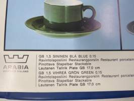 Arabia Wärtsilä -tuoteluettelo mm. emaliset kahvipannut, astiat, käyttö- ja taidelasiesineet suunnittelija, -malli- ja mittatietoineen, 1970-luvun alku