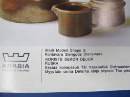 Arabia Wärtsilä -tuoteluettelo mm. emaliset kahvipannut, astiat, käyttö- ja taidelasiesineet suunnittelija, -malli- ja mittatietoineen, 1970-luvun alku