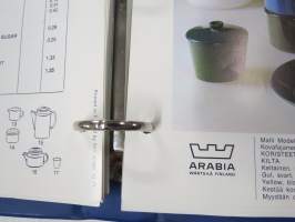 Arabia Wärtsilä -tuoteluettelo mm. emaliset kahvipannut, astiat, käyttö- ja taidelasiesineet suunnittelija, -malli- ja mittatietoineen, 1970-luvun alku