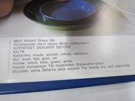 Arabia Wärtsilä -tuoteluettelo mm. emaliset kahvipannut, astiat, käyttö- ja taidelasiesineet suunnittelija, -malli- ja mittatietoineen, 1970-luvun alku