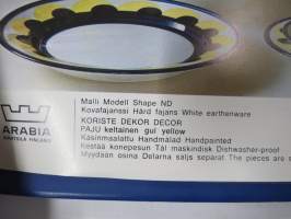 Arabia Wärtsilä -tuoteluettelo mm. emaliset kahvipannut, astiat, käyttö- ja taidelasiesineet suunnittelija, -malli- ja mittatietoineen, 1970-luvun alku