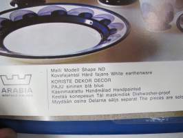 Arabia Wärtsilä -tuoteluettelo mm. emaliset kahvipannut, astiat, käyttö- ja taidelasiesineet suunnittelija, -malli- ja mittatietoineen, 1970-luvun alku