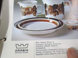 Arabia Wärtsilä -tuoteluettelo mm. emaliset kahvipannut, astiat, käyttö- ja taidelasiesineet suunnittelija, -malli- ja mittatietoineen, 1970-luvun alku