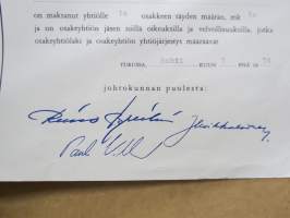 Lounais-Suomen Kirjapaino Osakeyhtiö, Turku 1.4.1974, 10 osaketta 10 mk -osakekirja nr 165493-165502 (Aarne Sitro)