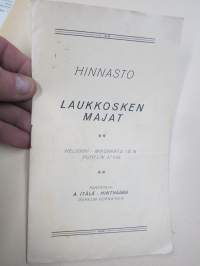 Laukkosken Majat - A. Itälä, Hinthaara, Pornainen, Hinnasto 1928