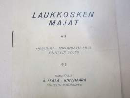 Laukkosken Majat - A. Itälä, Hinthaara, Pornainen, Hinnasto 1928
