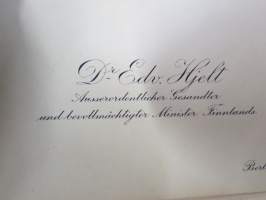 Dr Edv. (Edvard) Hjelt, Ausserordentlicher Gesandter und bevollmaächtiger Minister Finnlands, Berlin -käyntikortti, ajalta jolloin Hjelt oli täysivaltaisena...