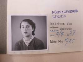 Svenska Handelshögskolani Helsingfors Studiebok för Studeranden Brita Heinrichs, matrikelnummer 725, 1937 -opintokirja