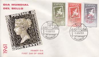 FDC - Espanja - Dia Mundial del Sello (Postimerkin päivä), 1961 (6.5..). Kuoressa kuva Penny Black -merkistä. ALFIL