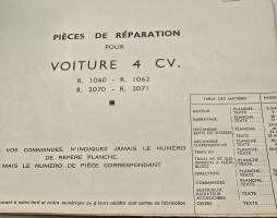 Citroen voiture 4 CV varaosa luettelo. 1959