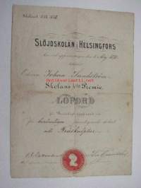 Slöjdskolan i Helsingfors, skolåret 1877-1878, har tilldelat eleven Johan Sundström Skolans 1sta Premie , LOFORD för berömligt uppförande... uti Träskulptur,