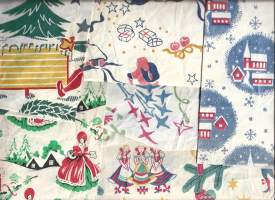 Vanha  joululahjapakettipaperi  n 10 eril arkin osaa  - joulupaperi,  käärepaperi käytettyjä