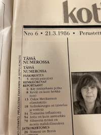 Kotiliesi 1986 nr 6, Lempivaatteet ja suosikkiasut, Kaija Huttunen - sydänkirurgi, harrastuksena vaaleanpunainen talo - Gitta ja Valto Kokko Jutikkalan kylä