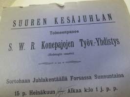 Suuren Kesäjuhlan Toimeenpanee S.W.R. Konepajojen Työv.-Yhdistys (Helsingin osasto) Sortohaan Juhlakentäällä Forssassa sunnuntaina 15.7.1915 -juliste