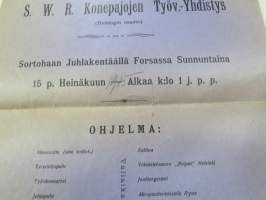 Suuren Kesäjuhlan Toimeenpanee S.W.R. Konepajojen Työv.-Yhdistys (Helsingin osasto) Sortohaan Juhlakentäällä Forssassa sunnuntaina 15.7.1915 -juliste