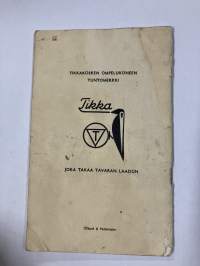 Tikka ompelukoneen käyttöohje + varaosakuvasto 1953