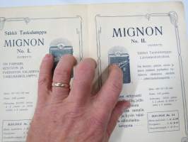 Mignon I &amp; II Taskusähkölamppu "suositellaan herroille Urheilioille, Sotilaille ja Virkamiehille" + Astrid, Sigrid &amp; Ingrid sähkölamput -myyntiesite