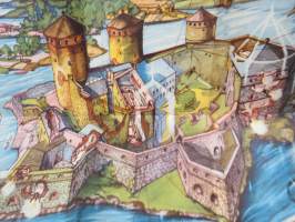 Olavinlinna - Olofsborg - Kuvitettu opas ja selostus - Illustrerad beskrivning - Map and guide -hieno piirroskuva linnasta