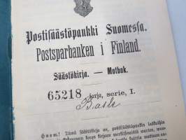 Postisäästöpankki Suomessa - Postsparbanken i Finland / Säästökirja - Motbok sarja I nr 65218, Rasle, 1902-03 - 4 kpl säästömerkkejä leimattu "Raivola"