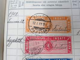 Postisäästöpankki Suomessa - Postsparbanken i Finland / Säästökirja - Motbok sarja I nr 65218, Rasle, 1902-03 - 4 kpl säästömerkkejä leimattu "Raivola"