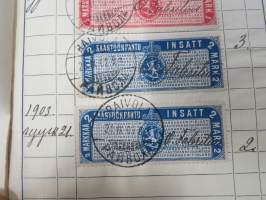 Postisäästöpankki Suomessa - Postsparbanken i Finland / Säästökirja - Motbok sarja I nr 65218, Rasle, 1902-03 - 4 kpl säästömerkkejä leimattu "Raivola"